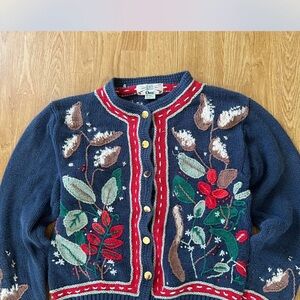 Orvis Navy and Red Floral Cardigan Sweater